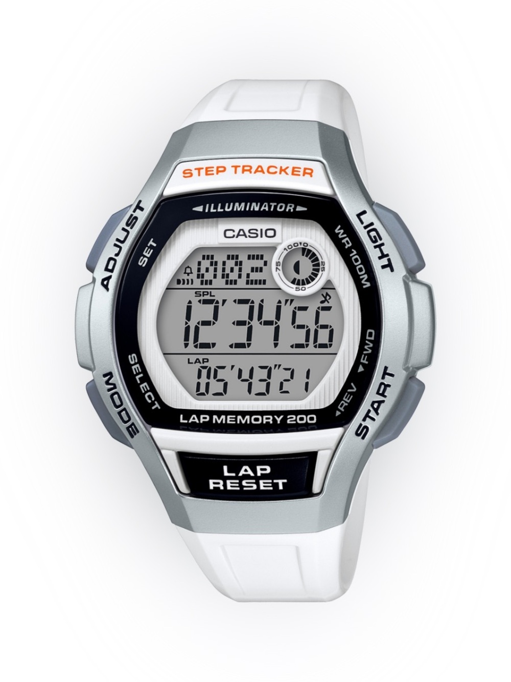 🖤🖤 Casio LWS-2000H Womens Watch 38mm White Digital Silver Tone Day Date 200 Lap